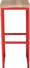 Load image into Gallery viewer, Red metal stool with whitewash stain ash wood made in UK - front view square frame

