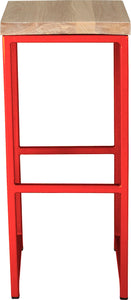 Red metal stool with whitewash stain ash wood made in UK - front view square frame