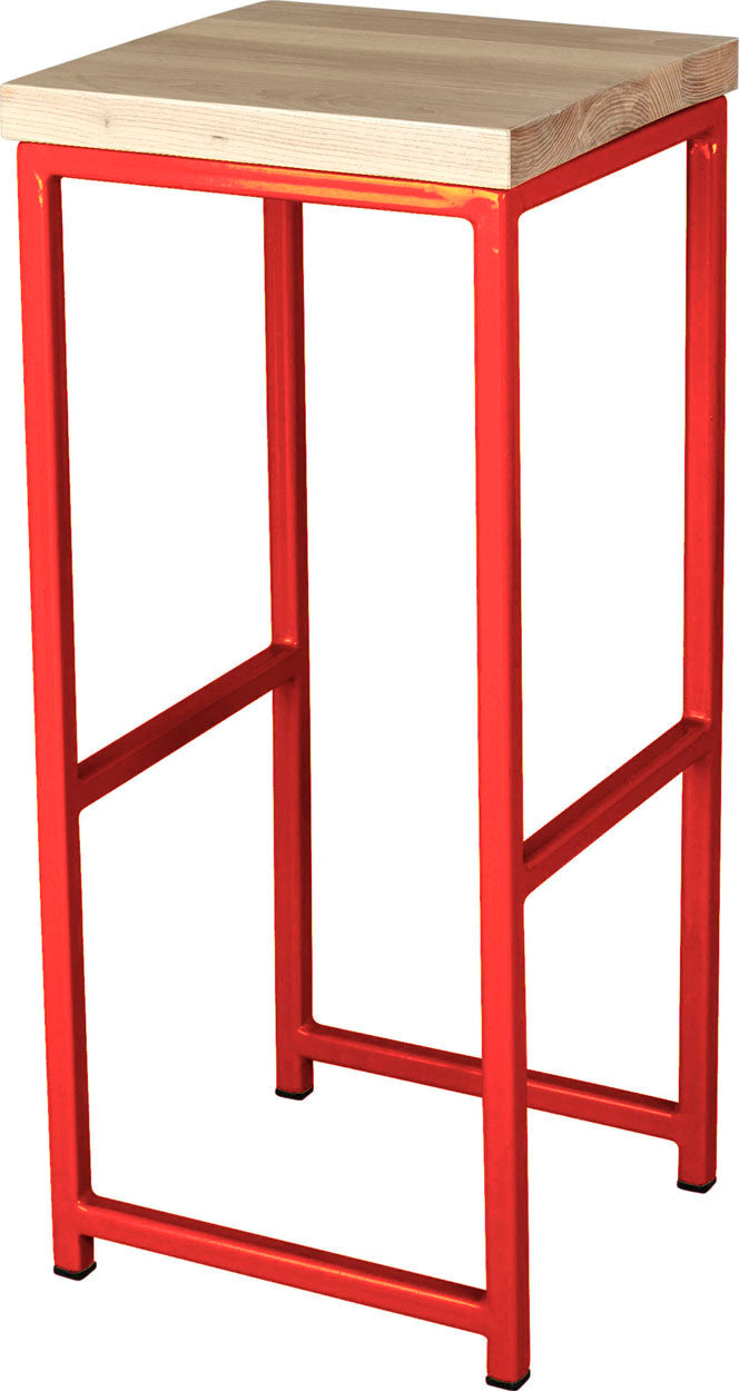 Red metal stool with whitewash stain ash wood made in UK - angle view square frame
