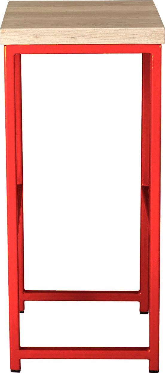 Red metal stool with whitewash stain ash wood made in UK - side view square frame