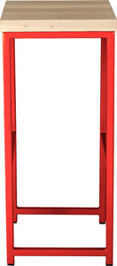 Red metal stool with whitewash stain ash wood made in UK - side view square frame