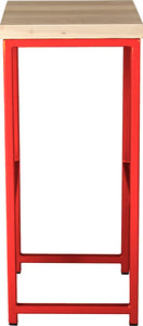Red metal stool with whitewash stain ash wood made in UK - side view square frame