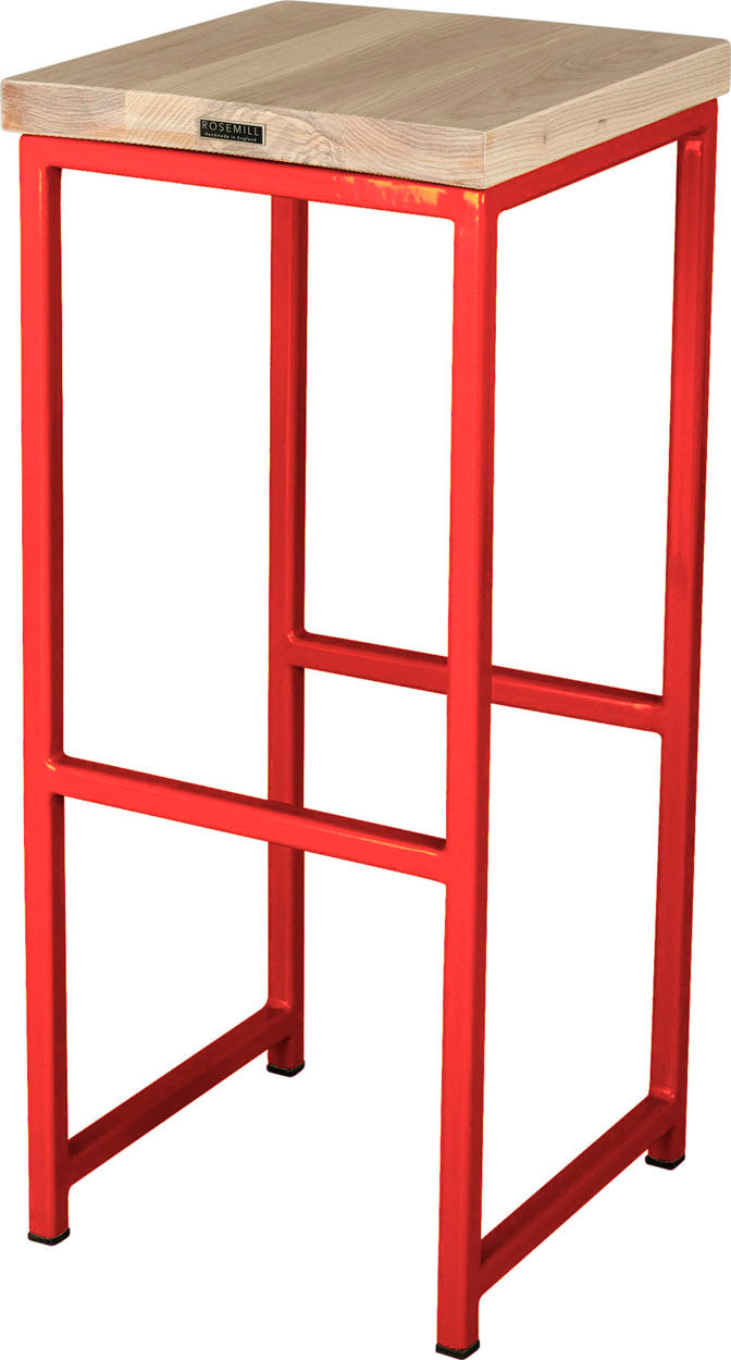 Red metal stool with whitewash stain ash wood made in UK - back side view square frame