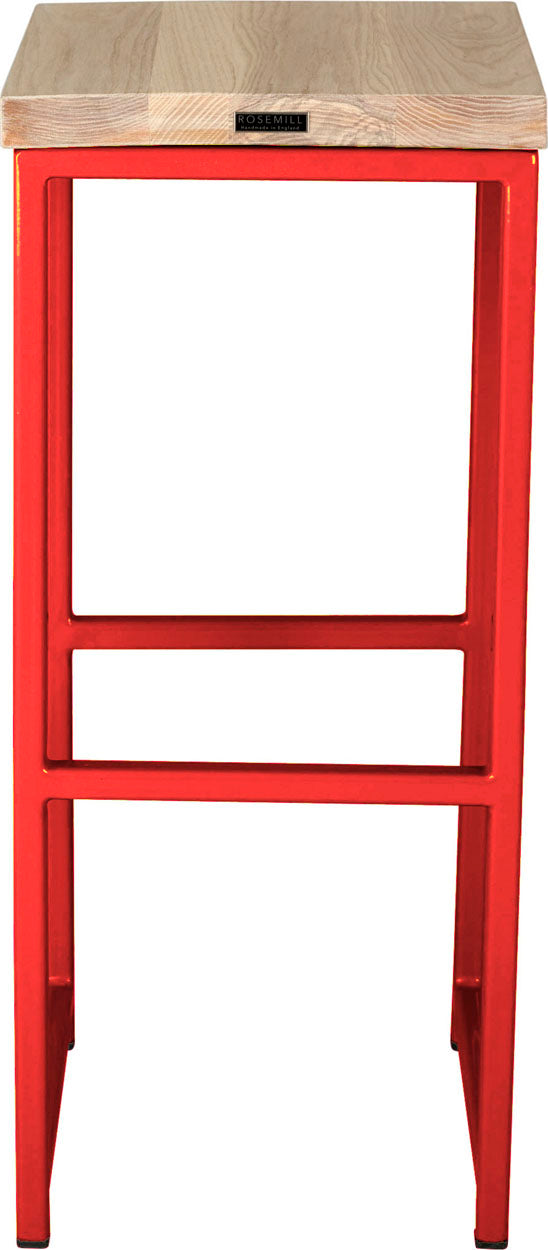 Red metal stool with whitewash stain ash wood made in UK - back view square frame
