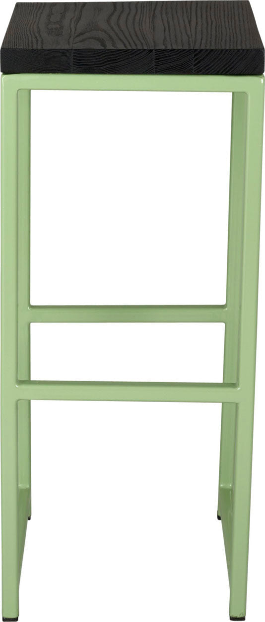 Sage green metal stool with black stain ash wood made in UK - front view square frame