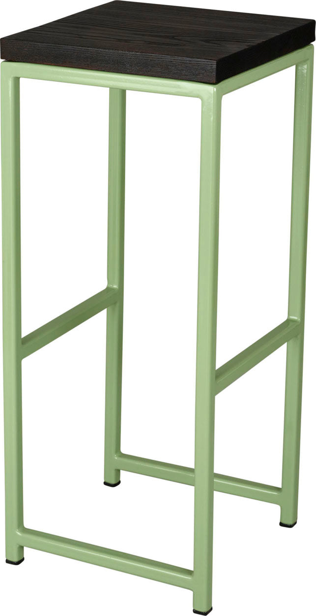Sage green metal stool with black stain ash wood made in UK - angle view square frame