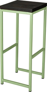 Sage green metal stool with black stain ash wood made in UK - angle view square frame