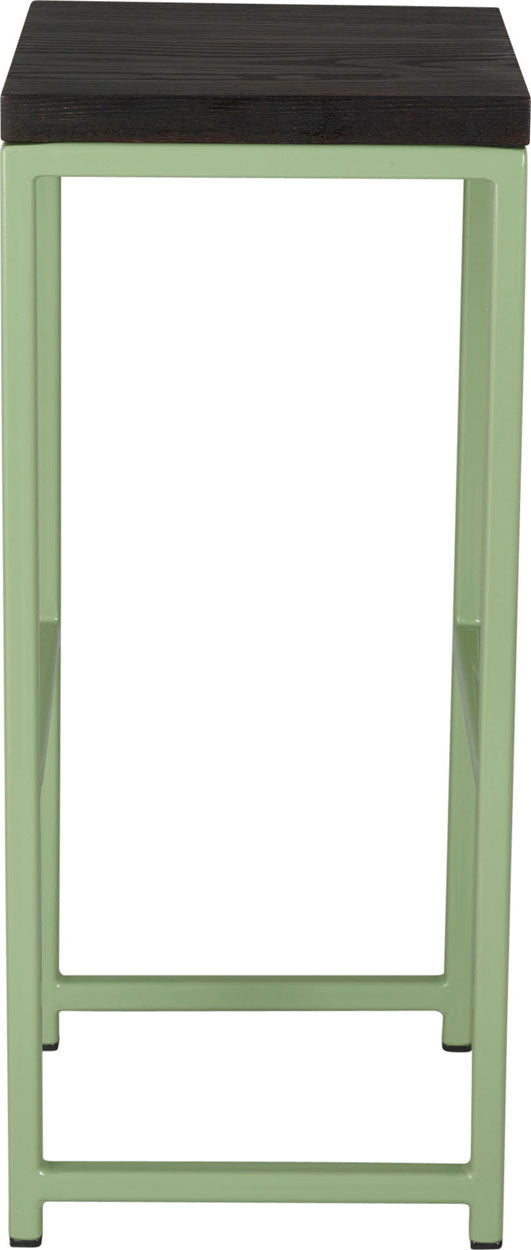 Sage green metal stool with black stain ash wood made in UK - side view square frame