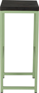 Sage green metal stool with black stain ash wood made in UK - side view square frame