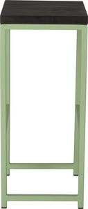 Sage green metal stool with black stain ash wood made in UK - side view square frame