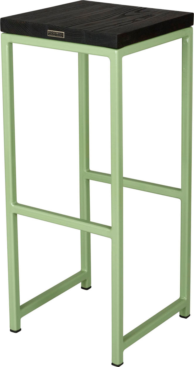 Sage green metal stool with black stain ash wood made in UK - back side view square frame