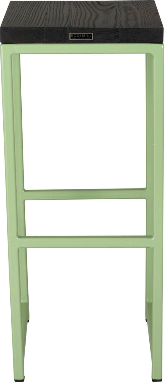 Sage green metal stool with black stain ash wood made in UK - back view square frame