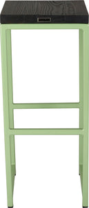 Sage green metal stool with black stain ash wood made in UK - back view square frame