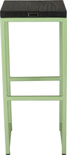 Load image into Gallery viewer, Sage green metal stool with black stain ash wood made in UK - back view square frame
