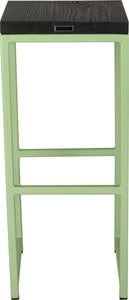 Sage green metal stool with black stain ash wood made in UK - back view square frame