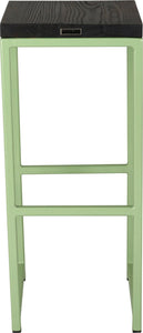 Sage green metal stool with black stain ash wood made in UK - back view square frame