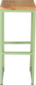 Sage green metal stool with natural stain ash wood made in UK - front view square frame