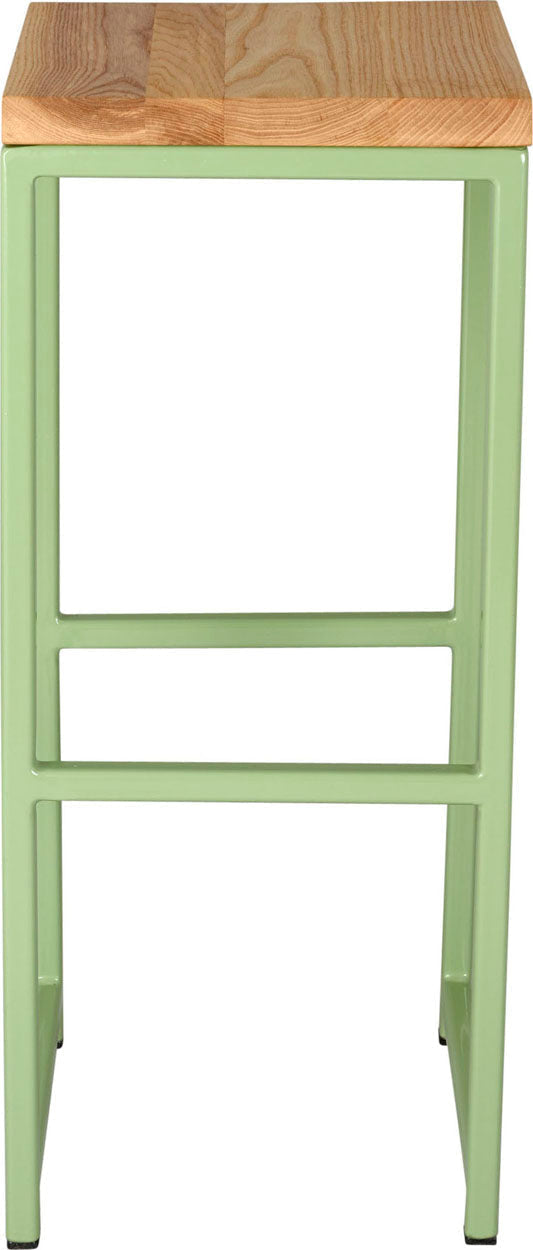 Sage green metal stool with natural stain ash wood made in UK - front view square frame