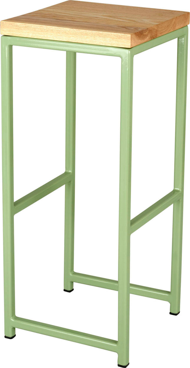 Sage green metal stool with natural stain ash wood made in UK - angle view square frame