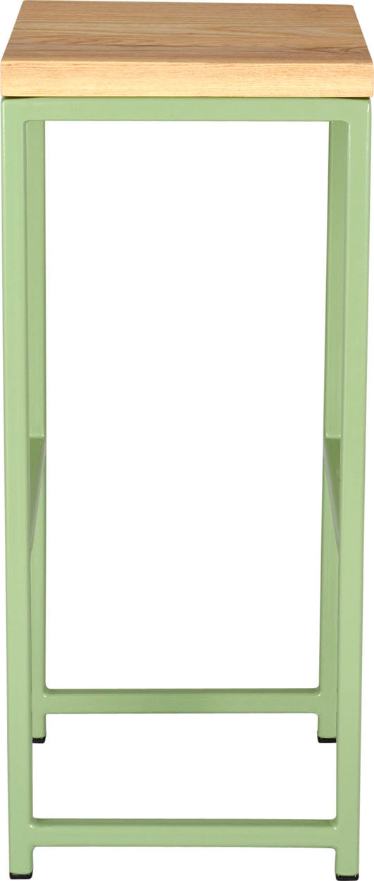 Sage green metal stool with natural stain ash wood made in UK - side view square frame