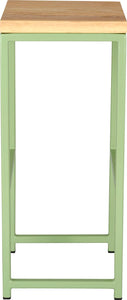 Sage green metal stool with natural stain ash wood made in UK - side view square frame
