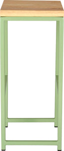 Sage green metal stool with natural stain ash wood made in UK - side view square frame