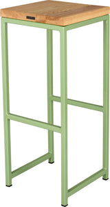 Sage green metal stool with natural stain ash wood made in UK - back side view square frame