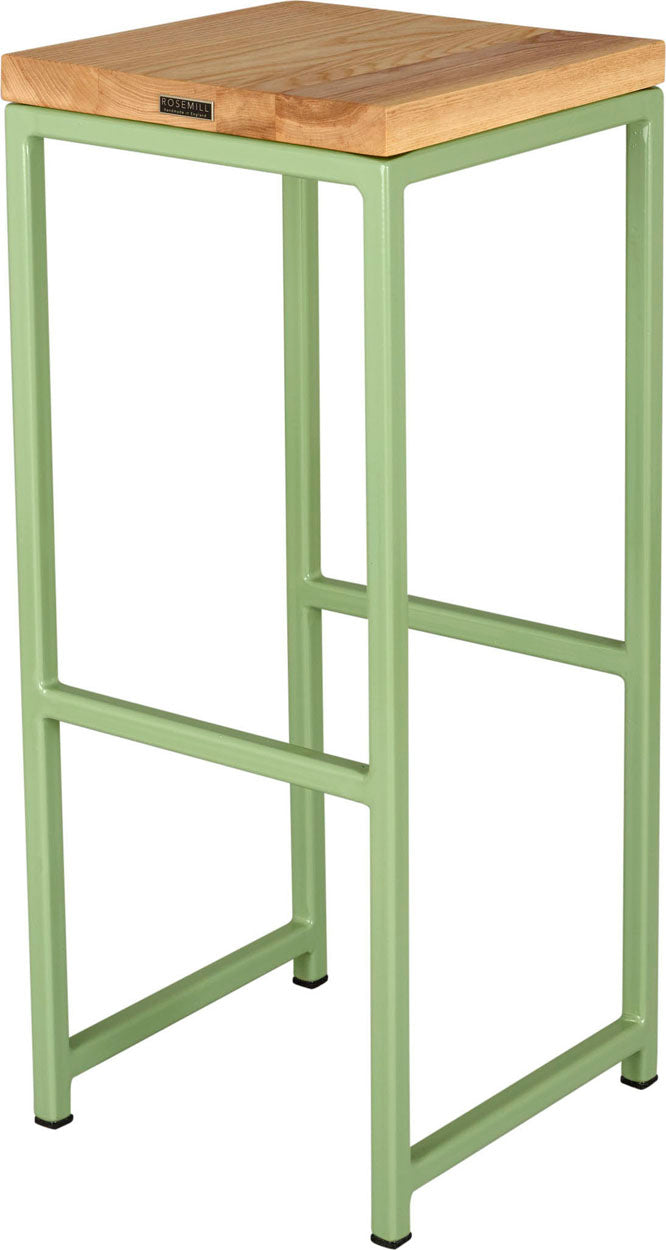 Sage green metal stool with natural stain ash wood made in UK - back side view square frame