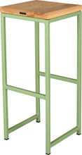 Load image into Gallery viewer, Sage green metal stool with natural stain ash wood made in UK - back side view square frame
