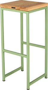 Sage green metal stool with natural stain ash wood made in UK - back side view square frame