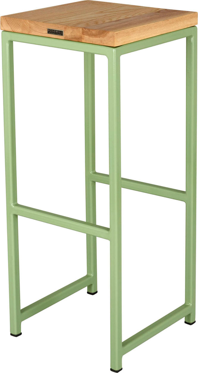 Sage green metal stool with natural stain ash wood made in UK - back side view square frame