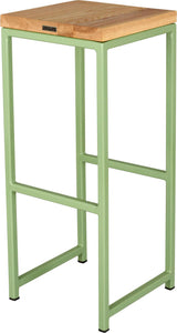 Sage green metal stool with natural stain ash wood made in UK - back side view square frame