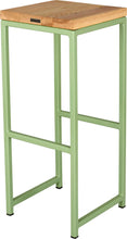 Load image into Gallery viewer, Sage green metal stool with natural stain ash wood made in UK - back side view square frame

