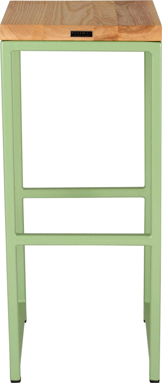 Sage green metal stool with natural stain ash wood made in UK - back view square frame