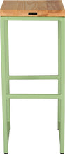 Load image into Gallery viewer, Sage green metal stool with natural stain ash wood made in UK - back view square frame
