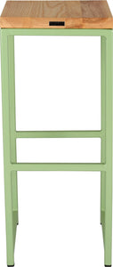 Sage green metal stool with natural stain ash wood made in UK - back view square frame