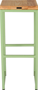Sage green metal stool with natural stain ash wood made in UK - back view square frame