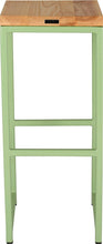 Load image into Gallery viewer, Sage green metal stool with natural stain ash wood made in UK - back view square frame
