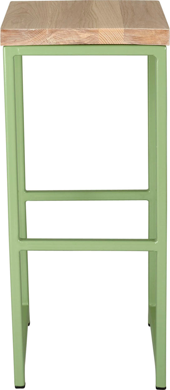 Sage green metal stool with whitewash stain ash wood made in UK - front view square frame