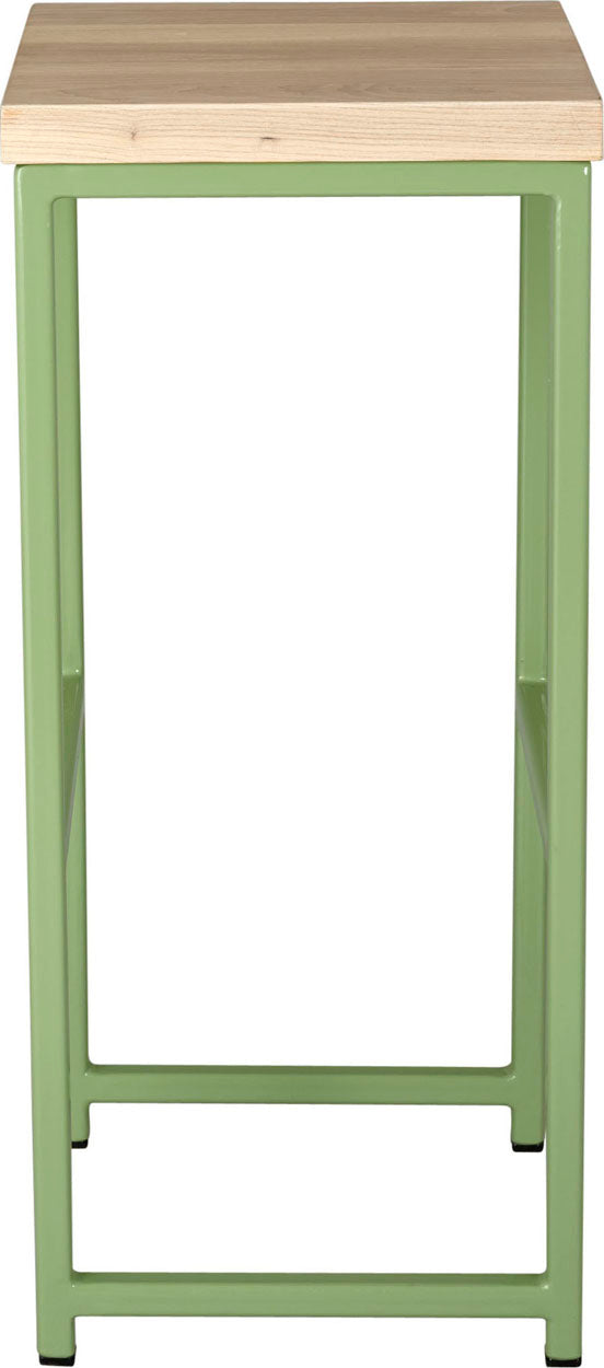Sage green metal stool with whitewash stain ash wood made in UK - side view square frame