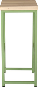 Sage green metal stool with whitewash stain ash wood made in UK - side view square frame