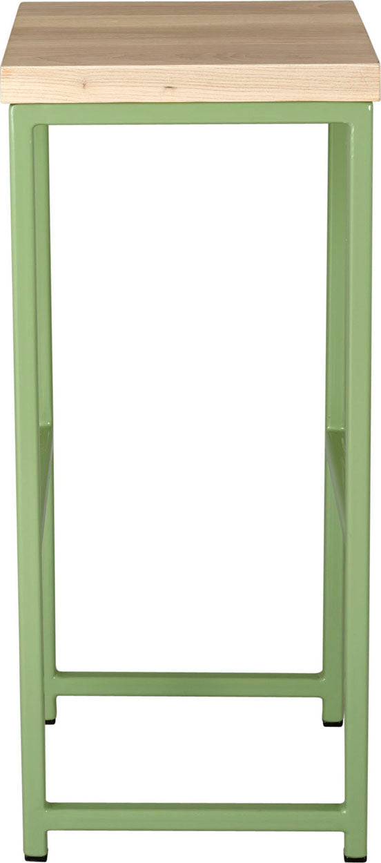Sage green metal stool with whitewash stain ash wood made in UK - side view square frame