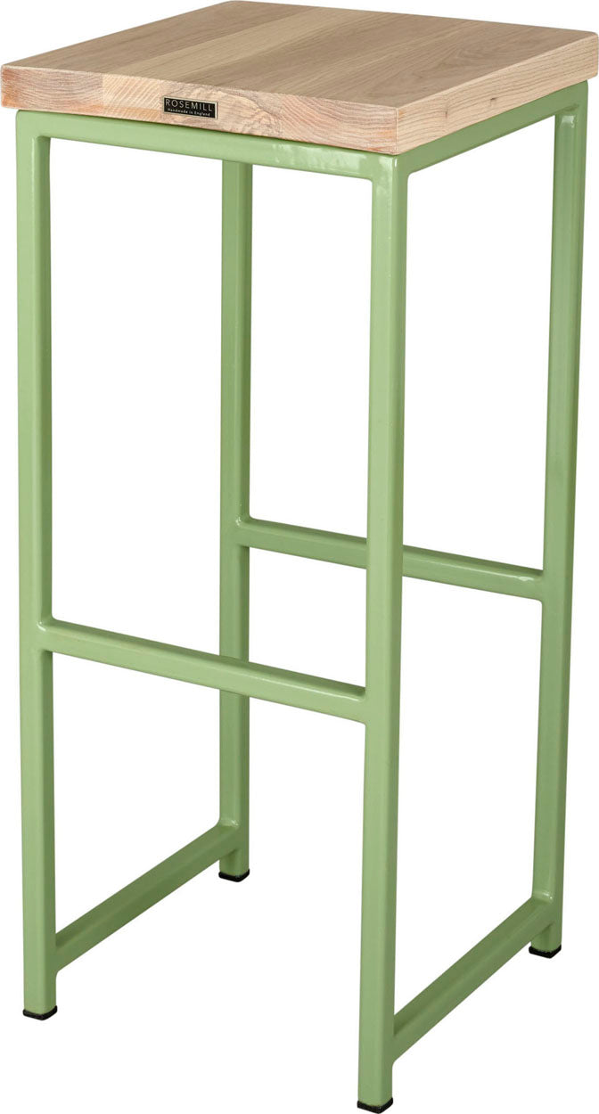 Sage green metal stool with whitewash stain ash wood made in UK - back side view square frame