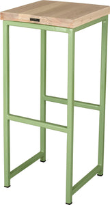 Sage green metal stool with whitewash stain ash wood made in UK - back side view square frame