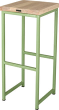 Load image into Gallery viewer, Sage green metal stool with whitewash stain ash wood made in UK - back side view square frame
