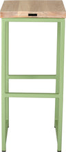 Load image into Gallery viewer, Sage green metal stool with whitewash stain ash wood made in UK - back view square frame
