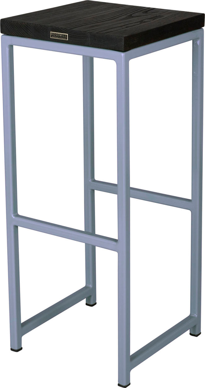 Shaker blue metal stool with black stain ash wood made in UK - back side view square frame