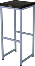 Load image into Gallery viewer, Shaker blue metal stool with black stain ash wood made in UK - back side view square frame
