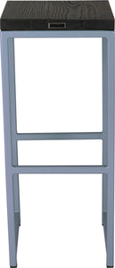 Shaker blue metal stool with black stain ash wood made in UK - back view square frame