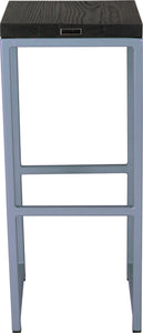 Shaker blue metal stool with black stain ash wood made in UK - back view square frame